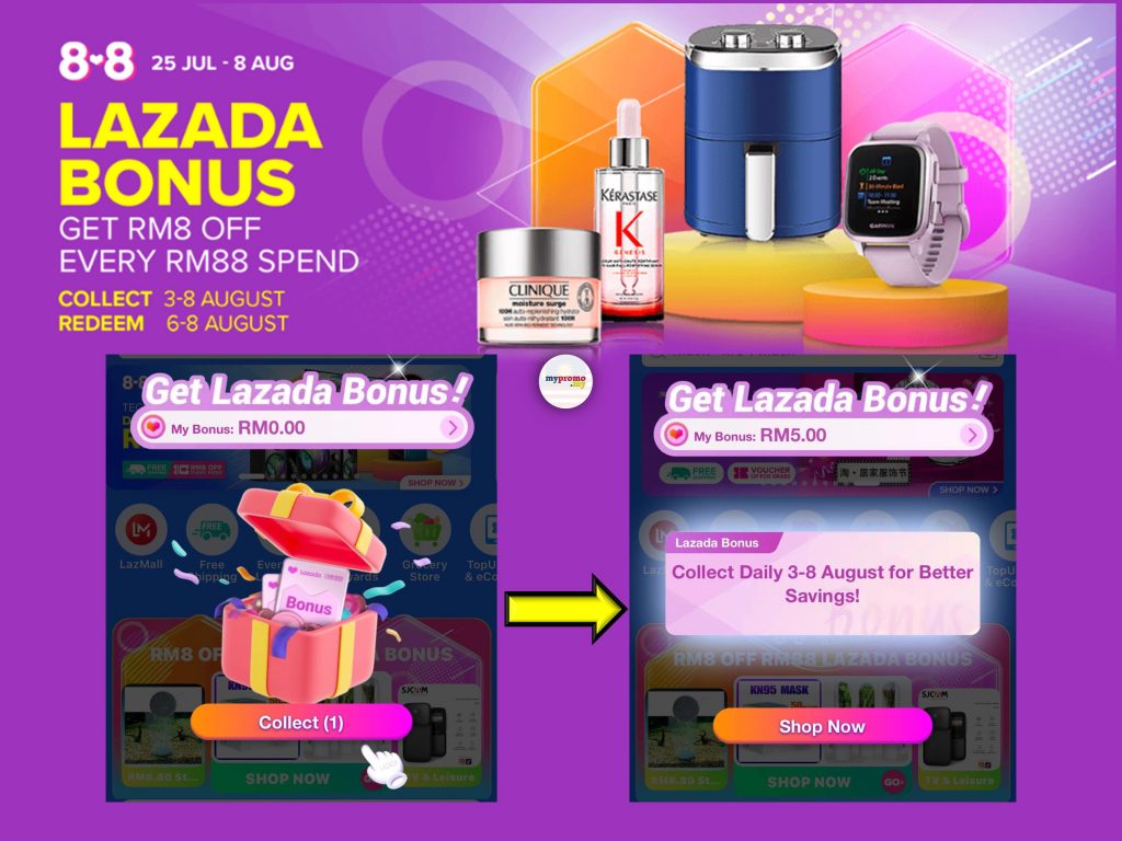 Lazada 8.8 Sale Bonus - Get RM8 every RM88 Spend