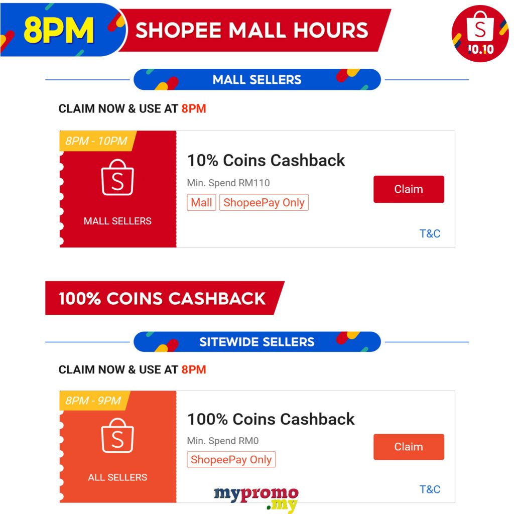 Shopee 10.10 - 100% Coins Cashback at 8pm