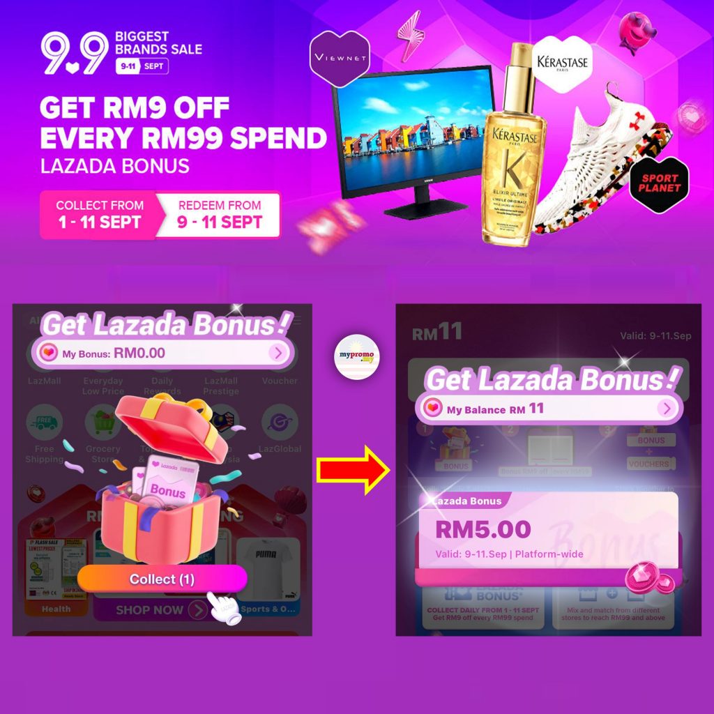 Lazada 9.9 Sale Bonus - Get RM9 every RM99 Spend