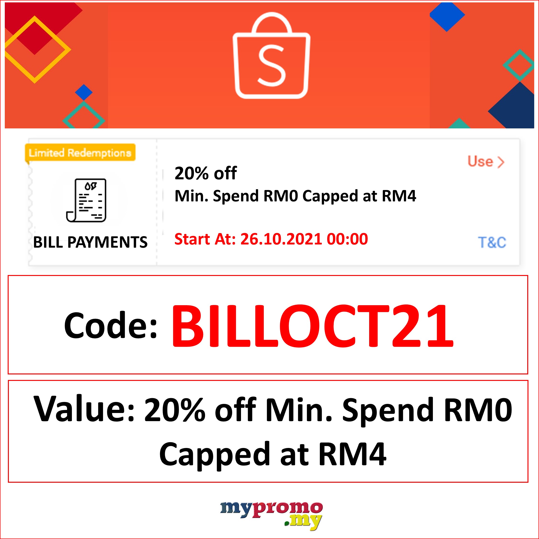 Shopee x Bills Voucher Code October 2021 mypromo.my