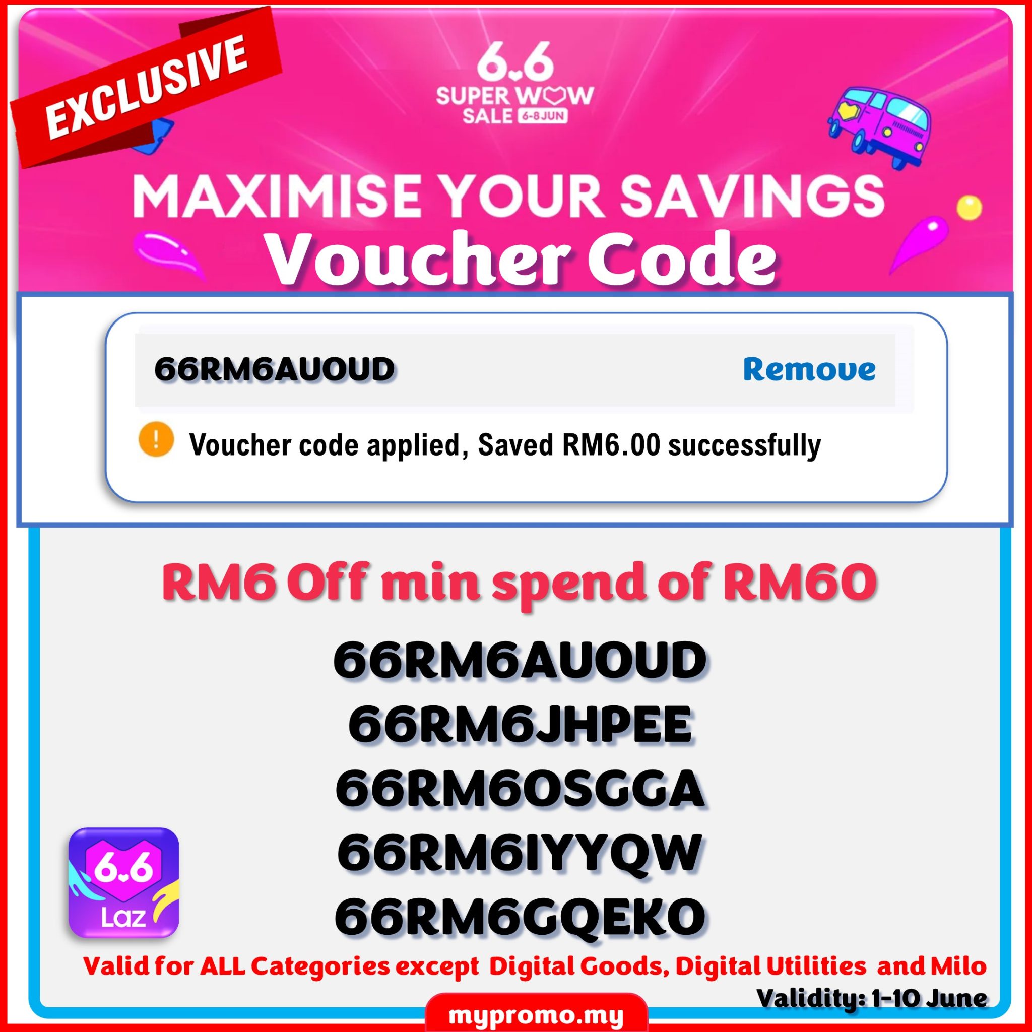 Voucher Code Load Lazada 6.6 Sale Exclusive RM6 Off Voucher - mypromo.my